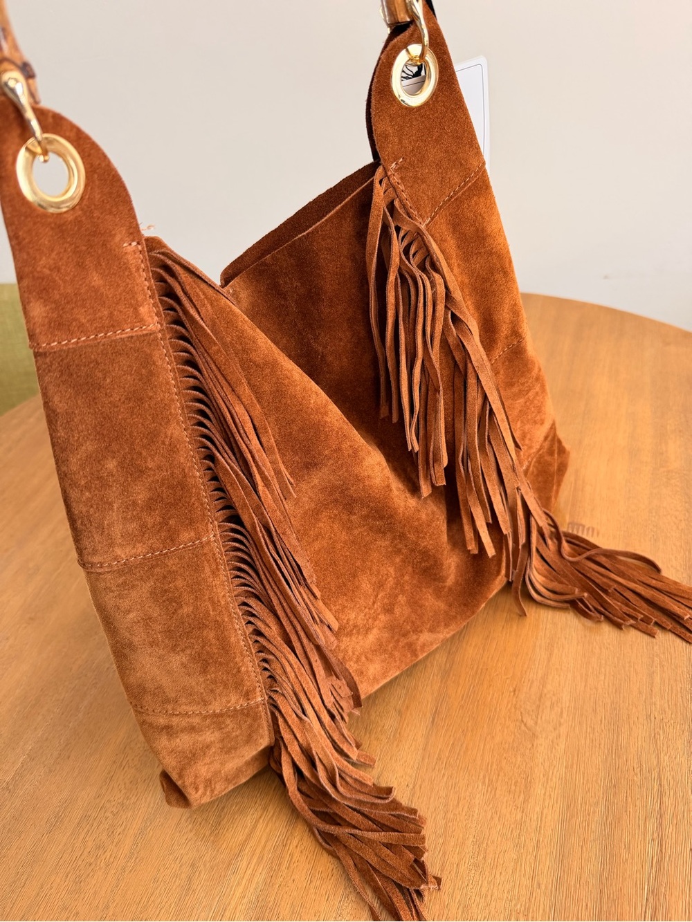 MARLON Made In Italy Fringed Suede Hobo Bag with Bamboo Handle - Picture 9 of 11